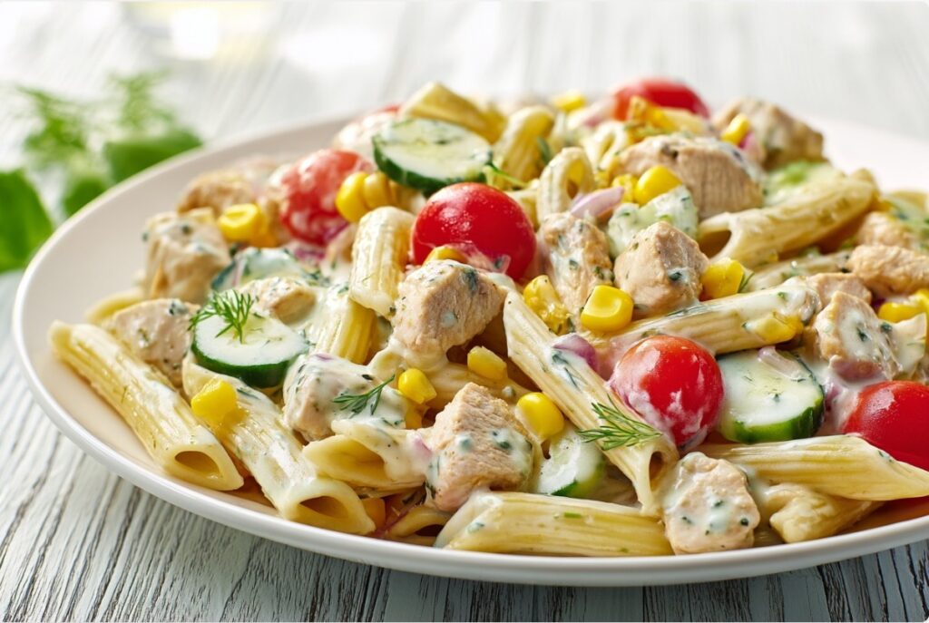 Салат з макаронами, куркою і кукурудзою