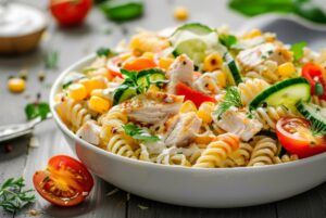 Sałatka makaronowa z kurczakiem i sosem czosnkowym