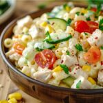 Салат з макаронами, куркою та часниковим соусом