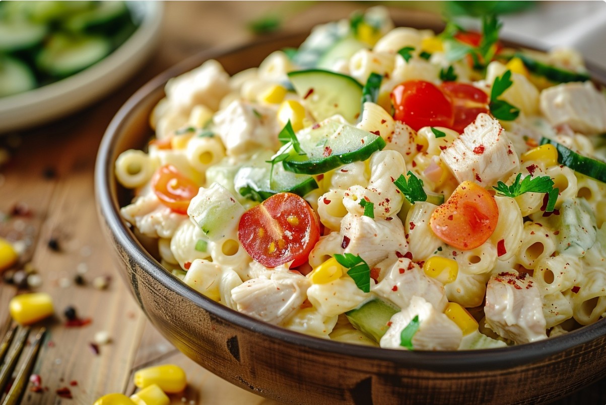 Салат з макаронами, куркою та часниковим соусом рецепт