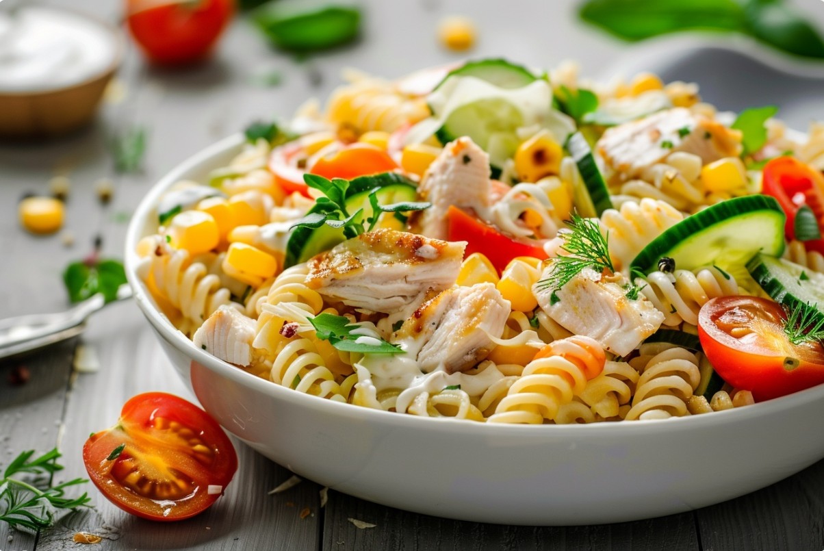 Салат з макаронами, куркою та часниковим соусом