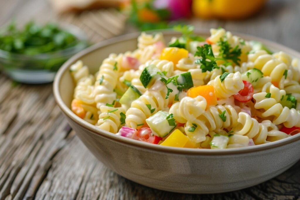 Sałatka makaronowa na kuchennym stole