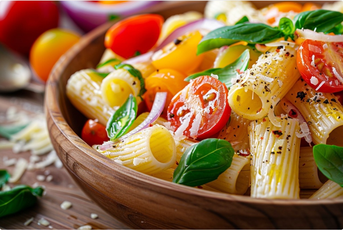 Colorful pasta salad with fresh ingredients