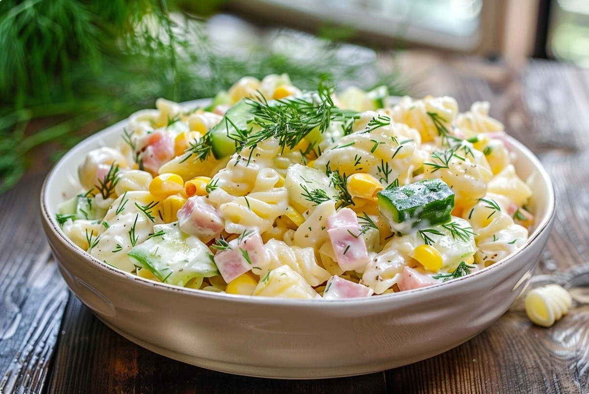 Салат з макаронами, шинкою та огірком