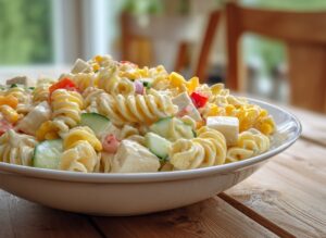 Салат з макаронами, сиром і свіжими овочами