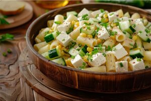 Sałatka makaronowa z serem i sosem miodowo-musztardowym