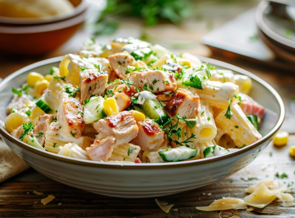 Салат з макаронами та копченою куркою без майонезу