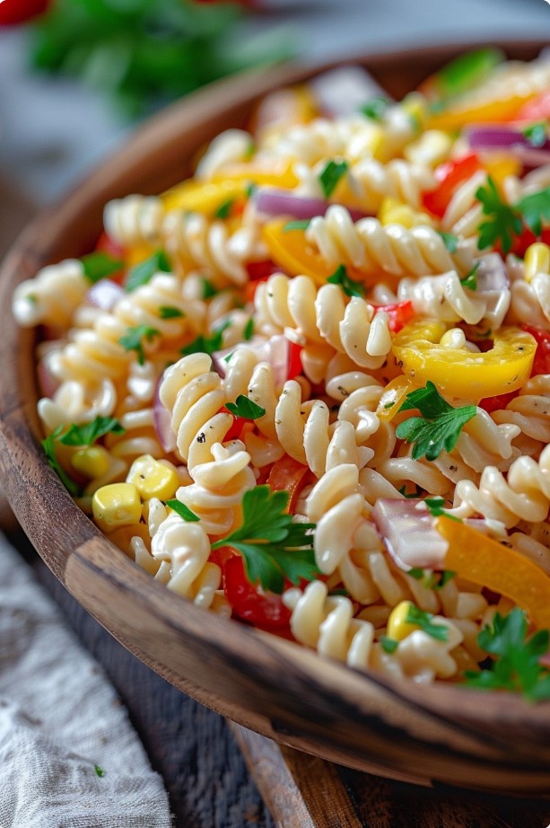 Салат з макаронами та кукурудзою у кремовому соусі