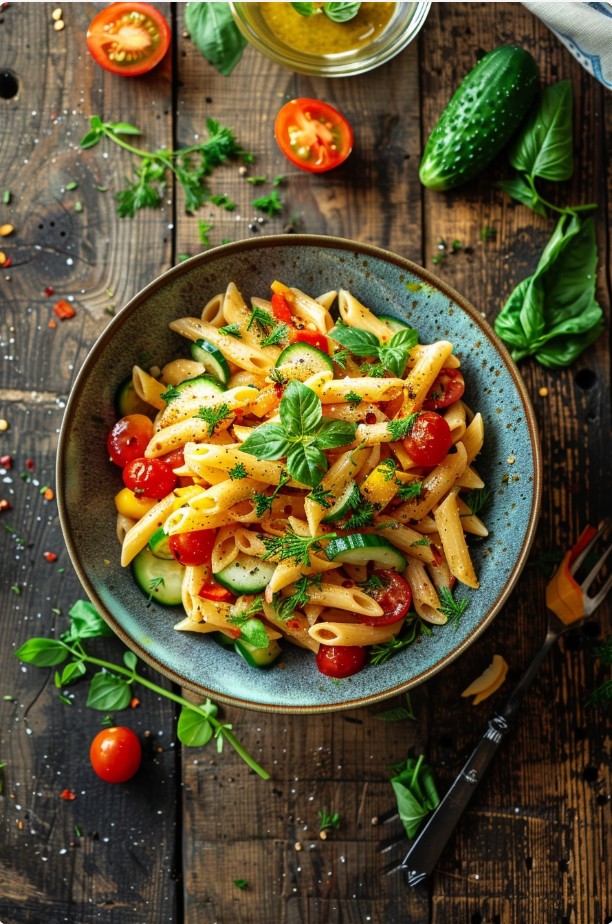 Салат з макаронами та овочами для пікніка