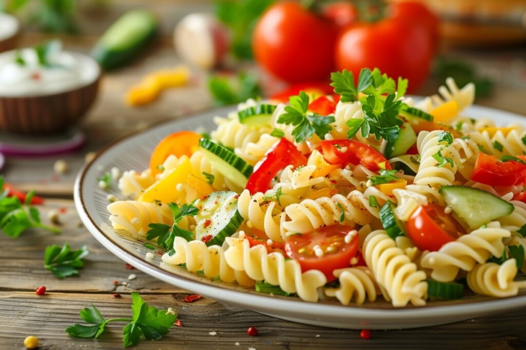 Салат з макаронами та свіжими овочами