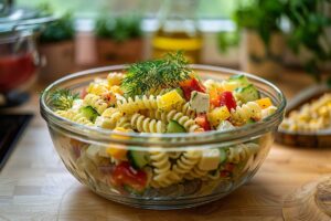 Салат з макаронами та сирними кубиками