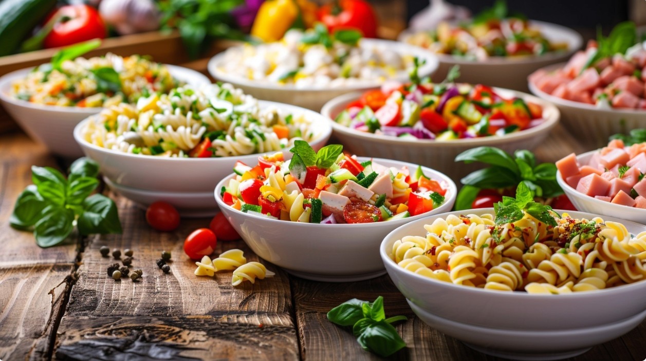 Асортимент салатів з макаронами у мисках на дерев’яному столі — класичний салат з макаронами, салат з тунцем, куркою та овочами