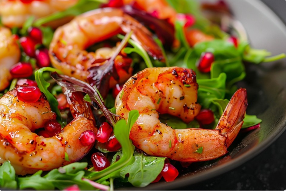 Салат з обсмаженими креветками і гранатом