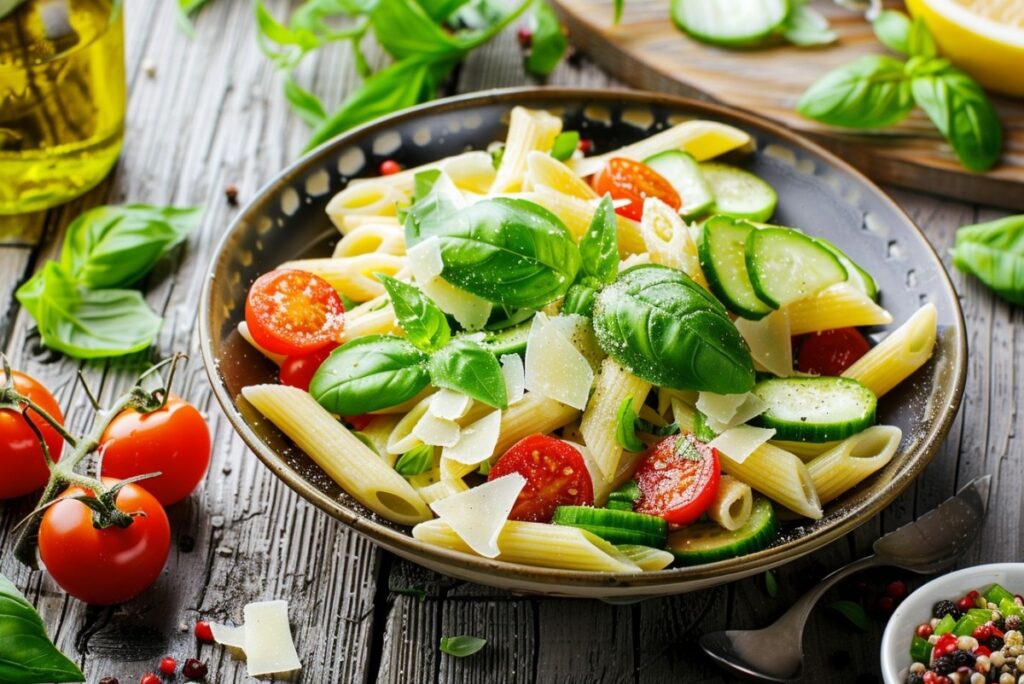 Салат з пастою, чері та свіжим базиліком