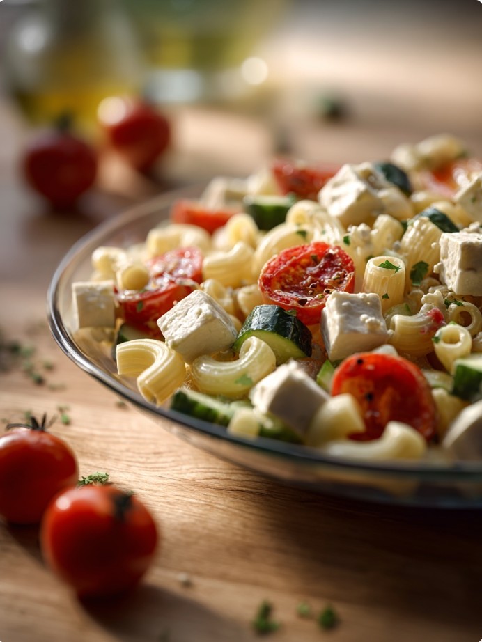 Салат з пастою, овочами та фетою без майонезу