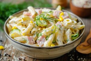 Салат з пастою, шинкою та огірком у кремовому соусі