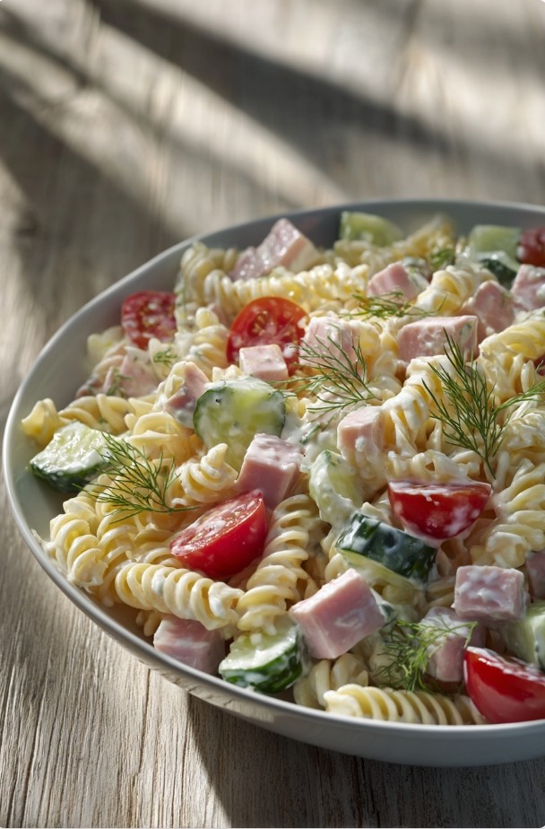 Салат з пастою та шинкою у йогуртовій заправці