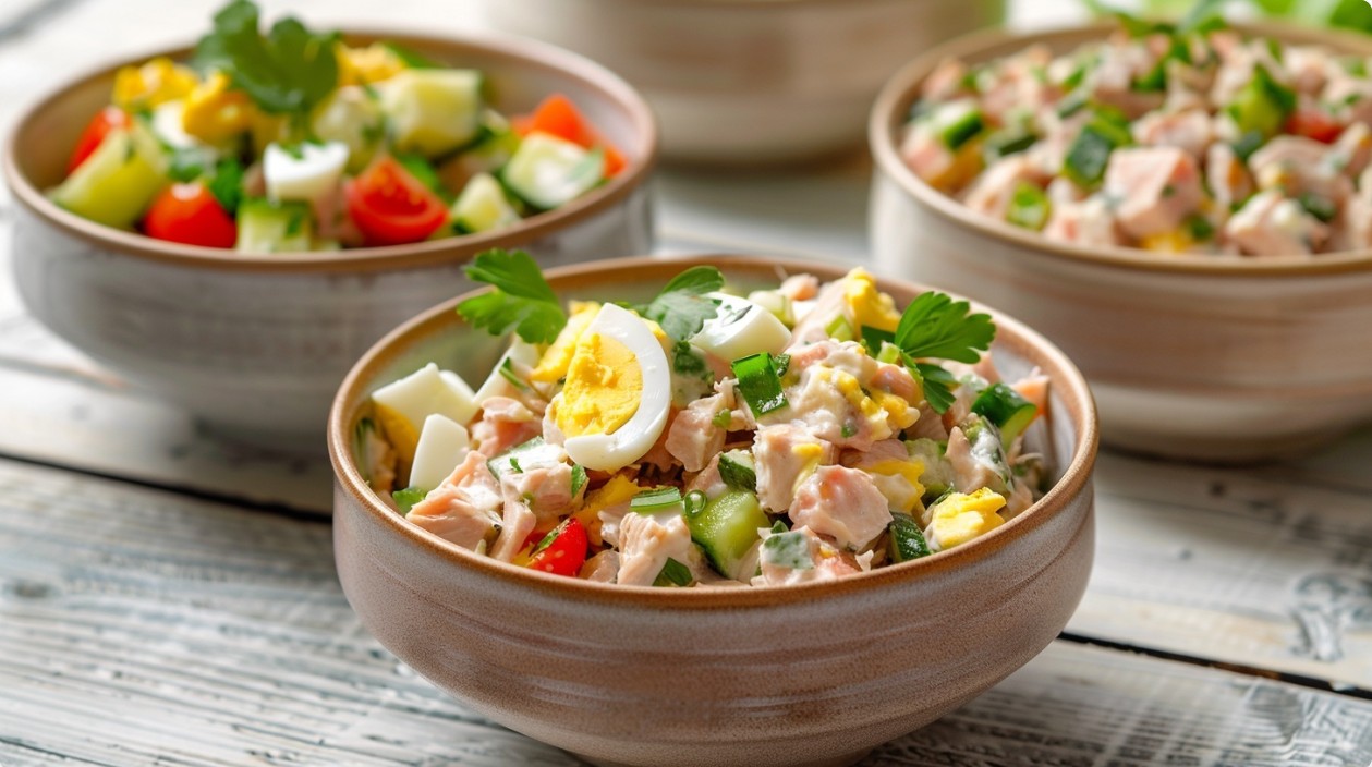 Салат з тунцем з яйцем та овочами на тарілці