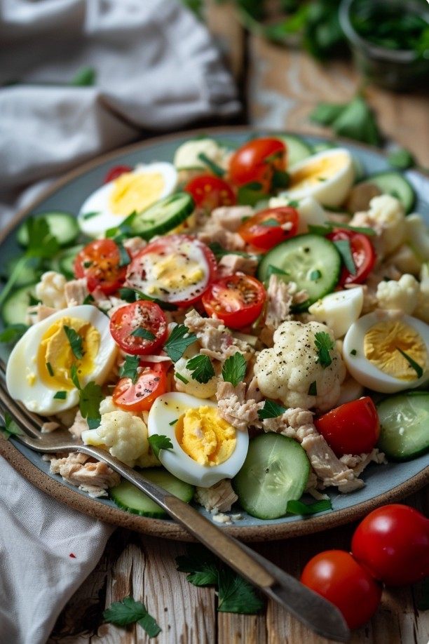 Салат з тунцем і цвітною капустою з лимонною заправкою