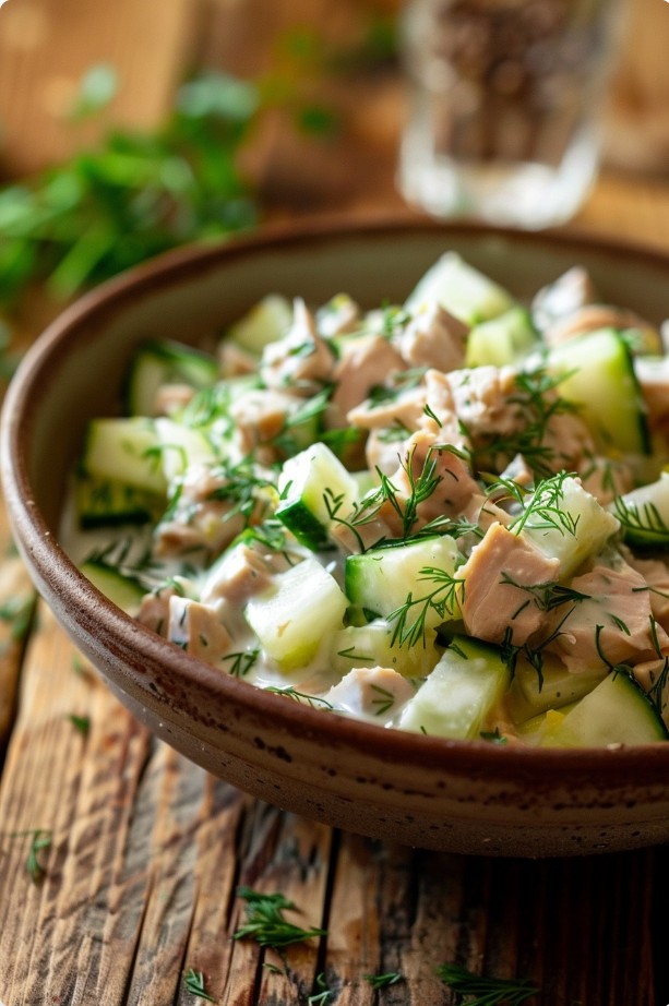 Klasyczna lekka sałatka z tuńczykiem i ogórkiem
