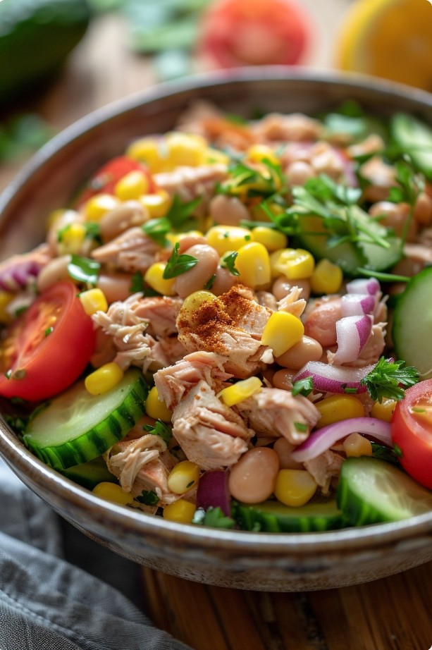 Салат з тунцем і овочами з лимонною заправкою