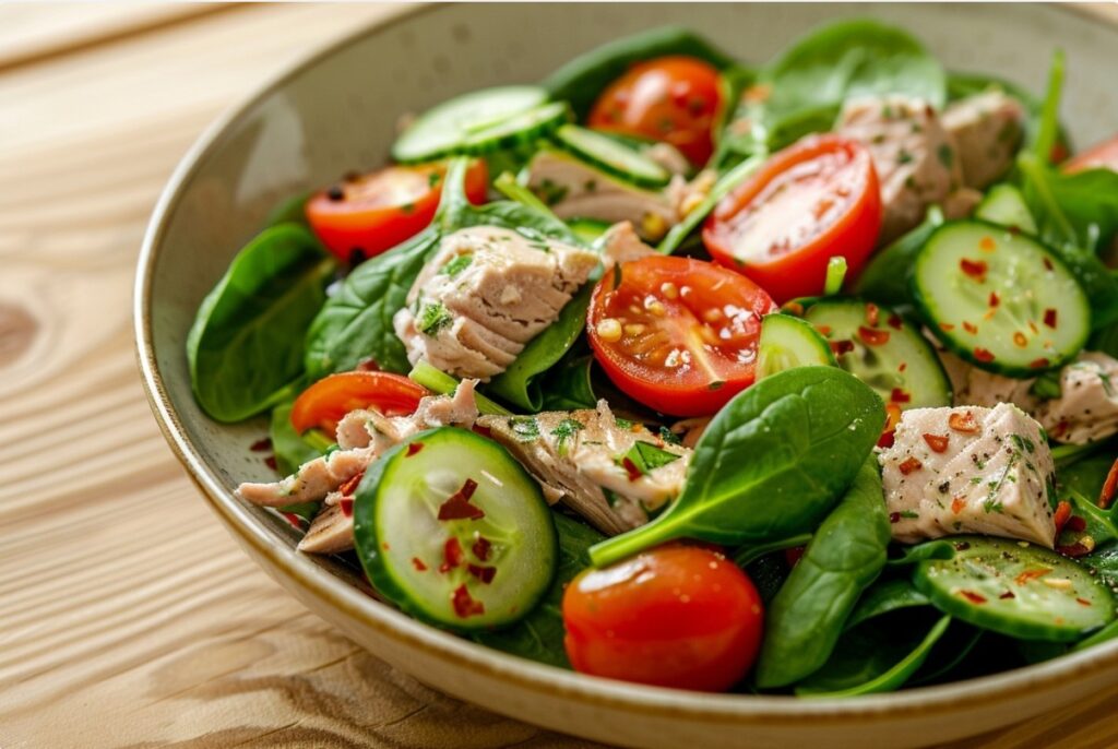 Салат з тунцем і шпинатом з лимонною заправкою