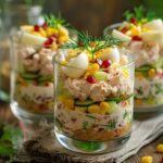 Warstwowy sałatka z tuńczykiem i jajkiem w pucharkach (na świąteczny stół)