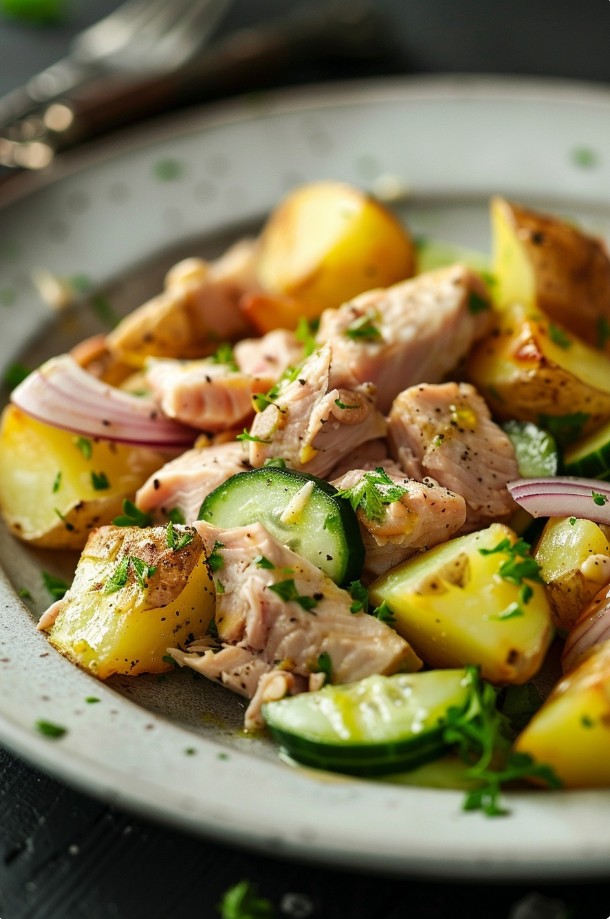 Салат з тунцем і запеченою картоплею по-домашньому