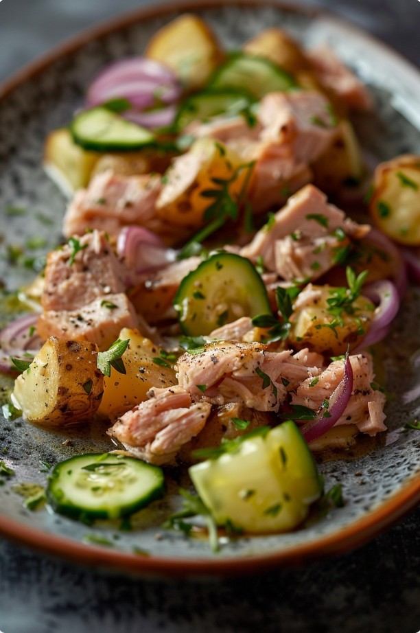 Салат з тунцем, картоплею та огірком