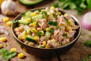 Салат з тунцем, кукурудзою і огірком — свіжий варіант