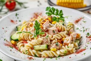 Sałatka z tuńczykiem, makaronem i kukurydzą – kremowa, szybka i sycąca