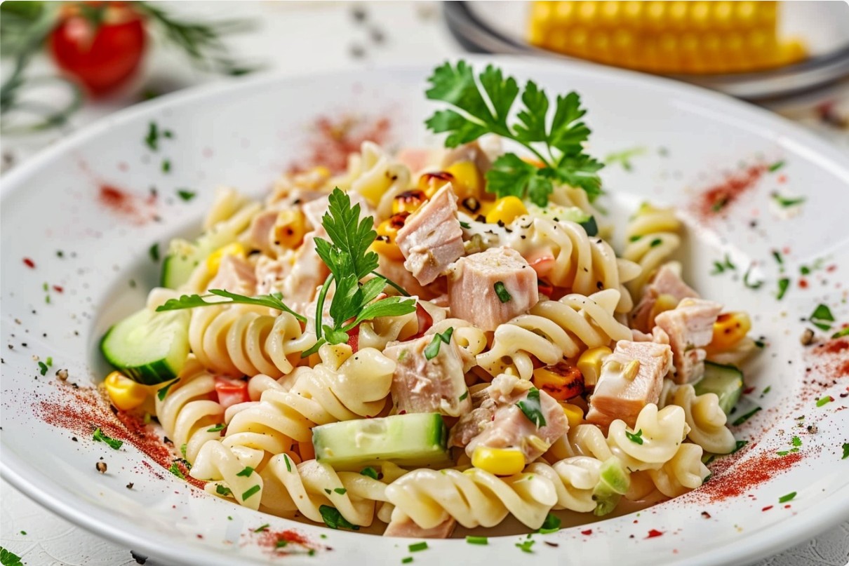 Салат з тунцем, макаронами і кукурудзою