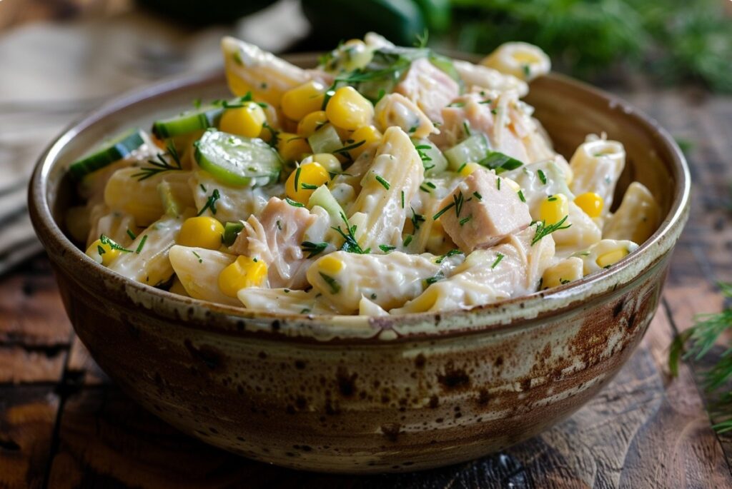 Sałatka z tuńczykiem, makaronem i kukurydzą