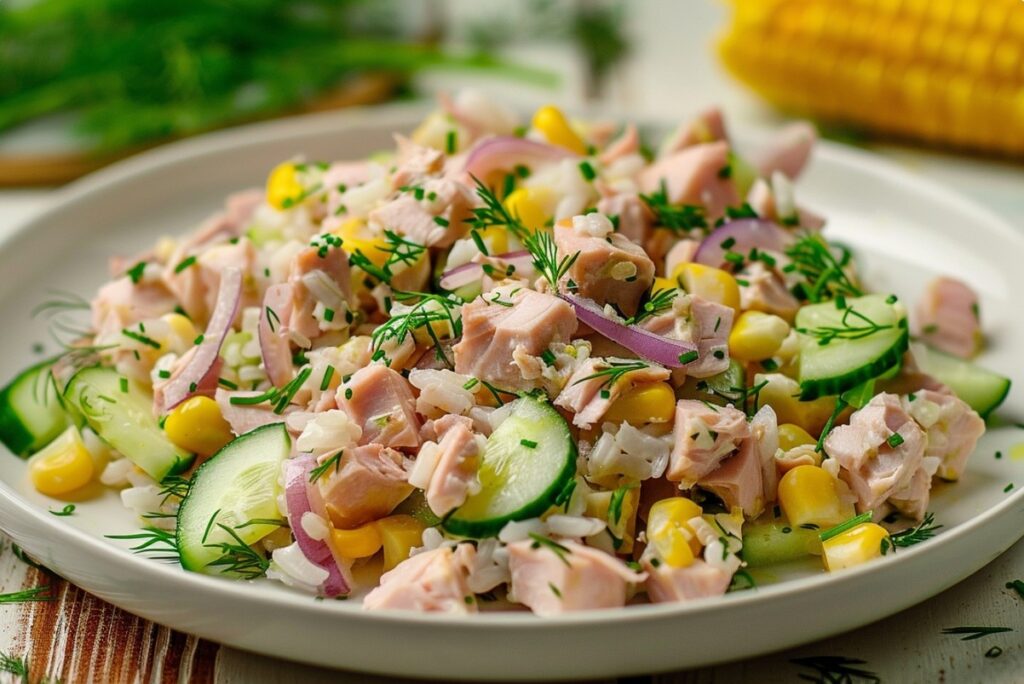 Салат з тунцем, рисом і овочами — без майонезу