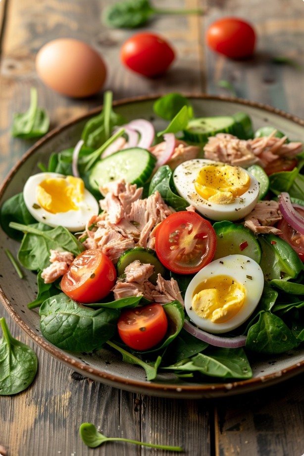 Салат з тунцем, шпинатом і яйцем