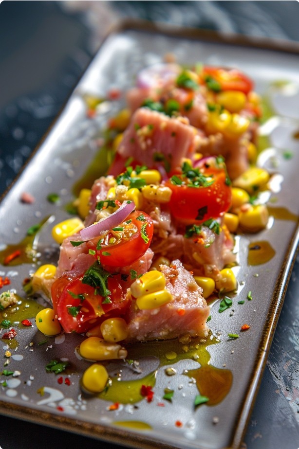 Салат з тунцем, солодкою кукурудзою та помідорами