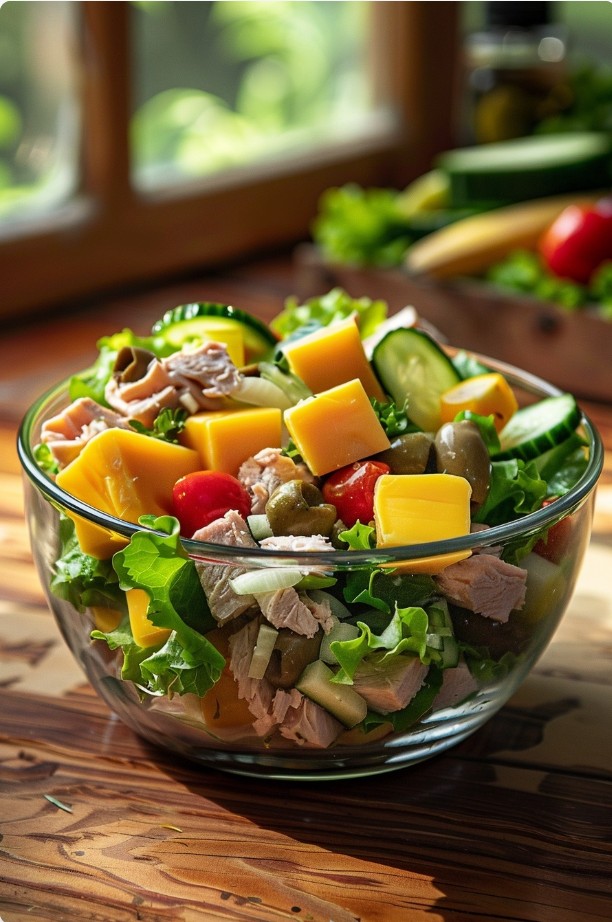 Салат з тунцем, сиром і лимонною заправкою