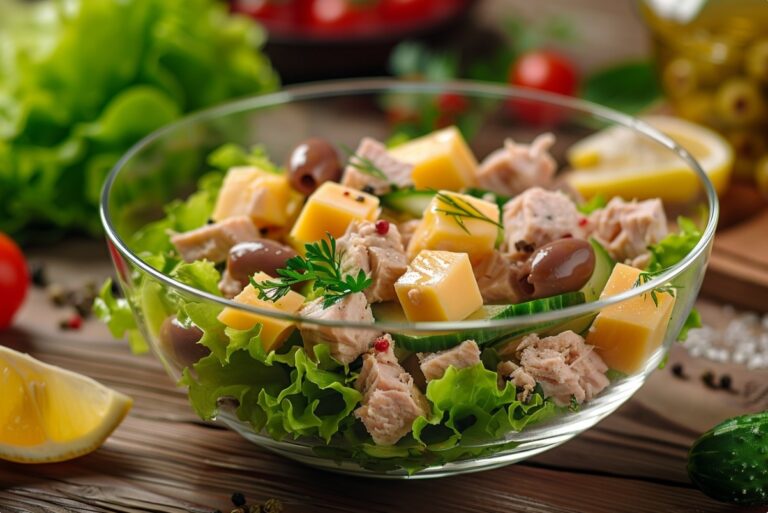 Sałatka z tuńczykiem, serem i oliwkami (bez majonezu) – gotowa w 15 minut — Sałatki