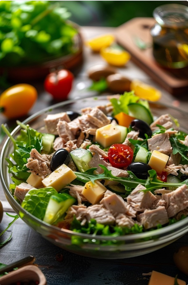 Салат з тунцем, сиром і овочами — збалансований смак