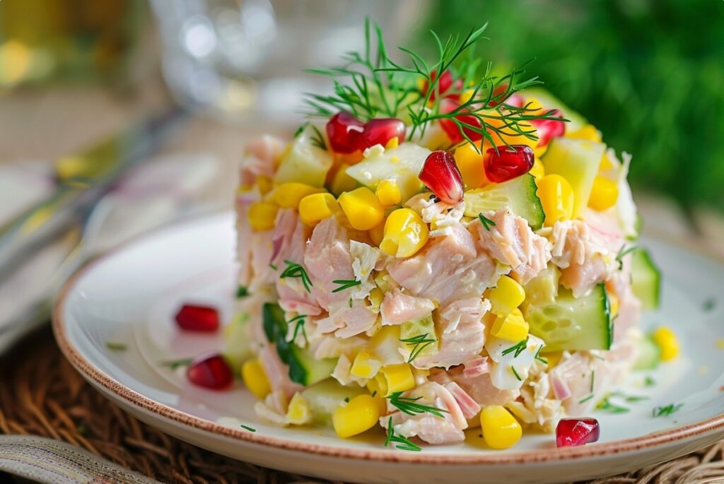 Салат з тунцем, яйцем і кукурудзою у красивій подачі