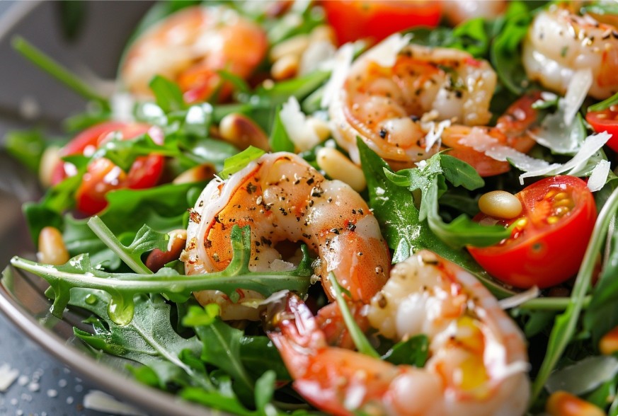 Середземноморський салат з креветками і руколою