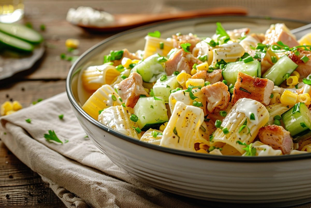 Швидкий салат з макаронами та копченою куркою