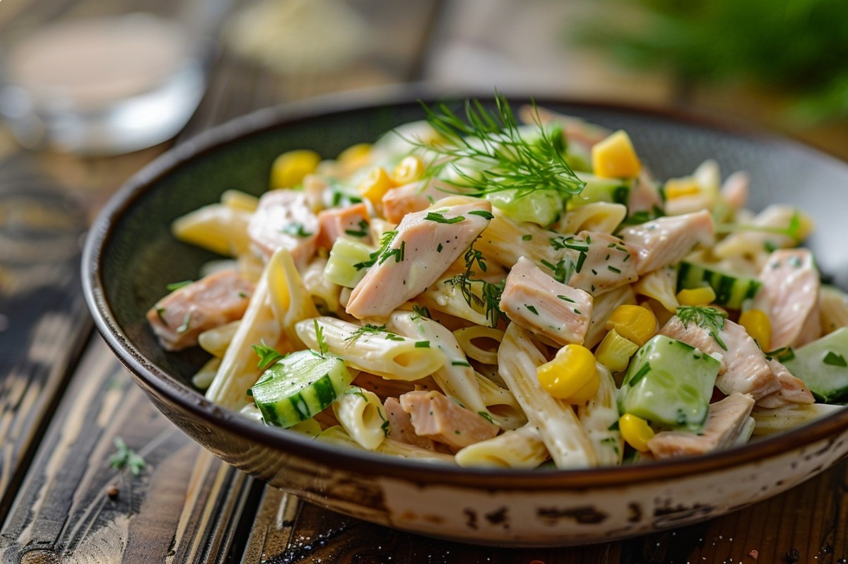 Швидкий салат з макаронами та копченою куркою