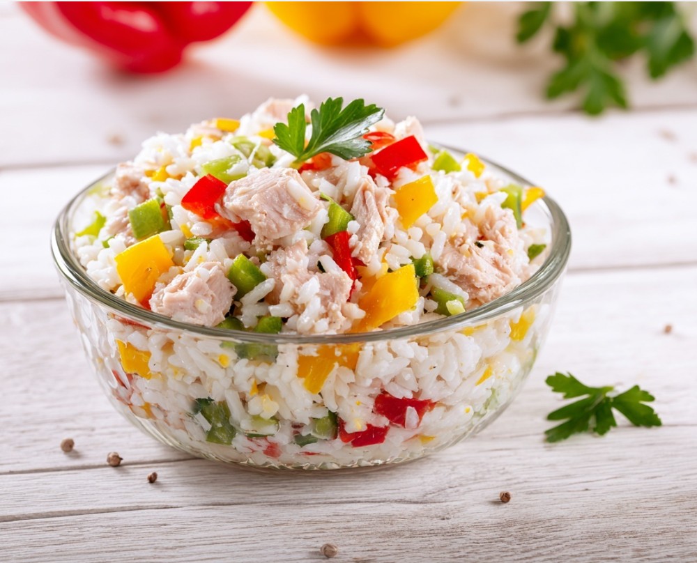 Швидкий салат з тунцем, рисом і овочами