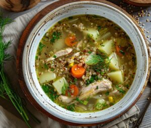 Суп з гречкою у глибокій тарілці