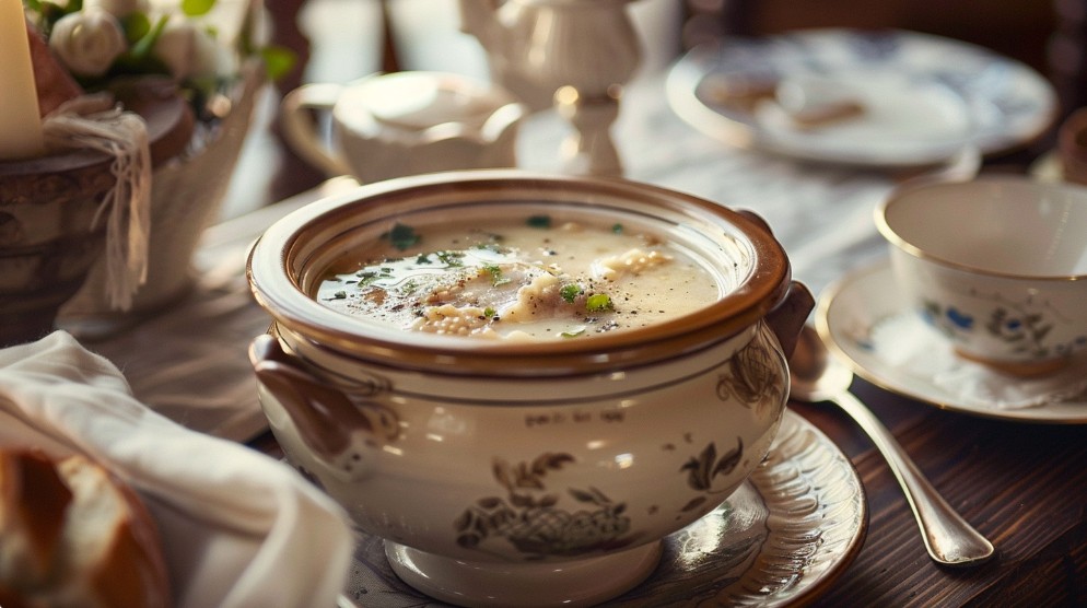 Супниця з супом на столі перед подачею