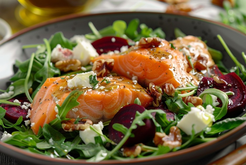 Святковий салат з лососем і запеченим буряком