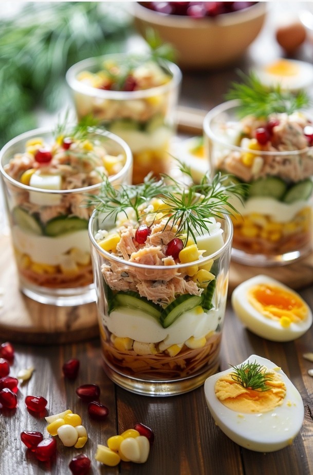 Святковий салат з тунцем, яйцем і кукурудзою