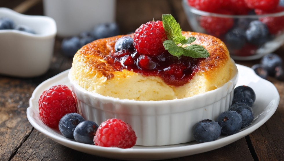 Сирна запіканка подана з ягодами та м’ятою