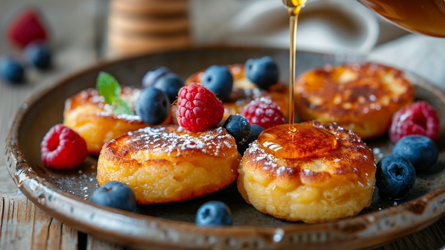 Сирники з кукурудзяним борошном подача з ягодами